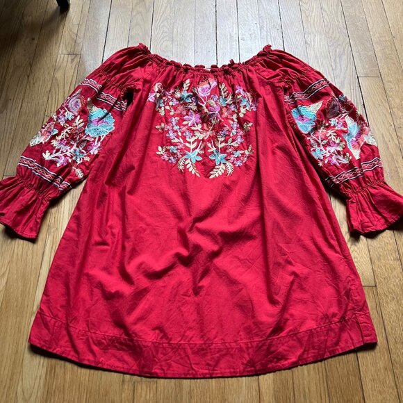Free People Size S Red Fleur Du Jour Floral Embroidered Boho Off Shoulder Dress - Picture 4 of 16